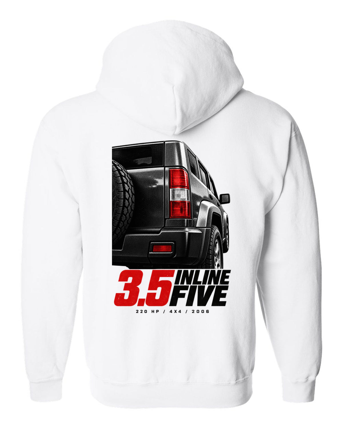 Macro print of a 2006-10 Hummer H3 taillight with engine lettering white zip hoodie back view with the design