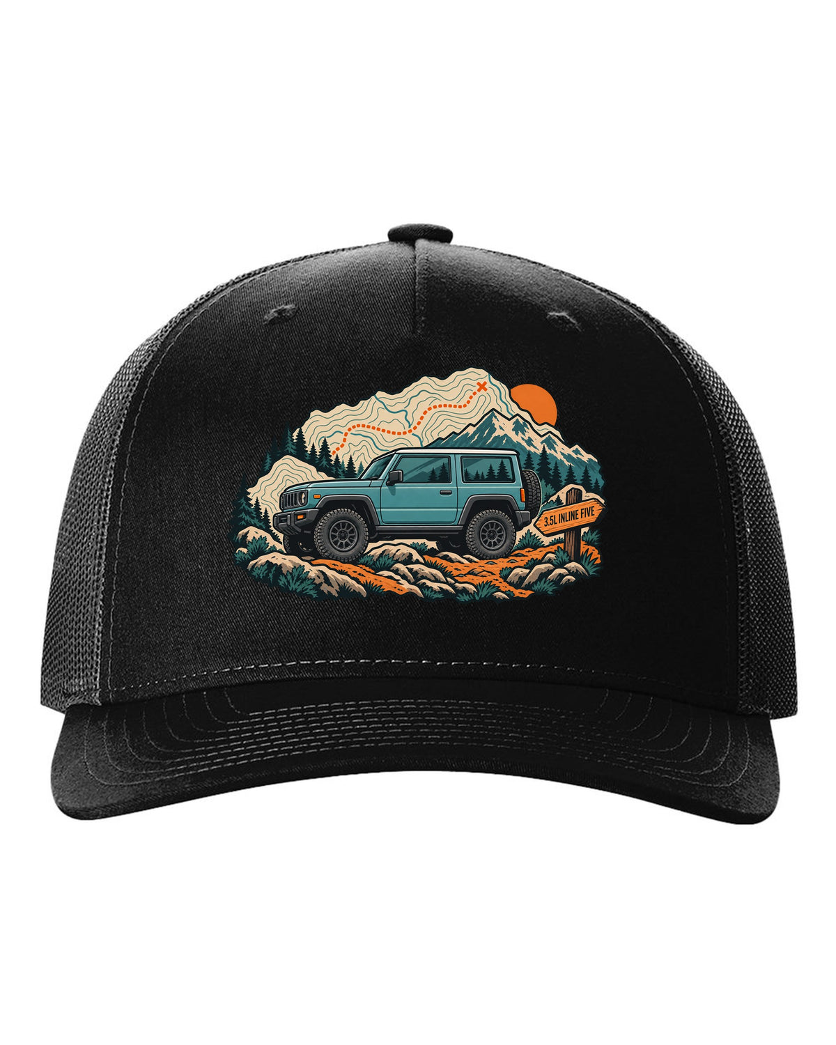 Topographic trail map print of a 2006-10 Hummer H3 with 3.5L inline five lettering black hat front view with the design