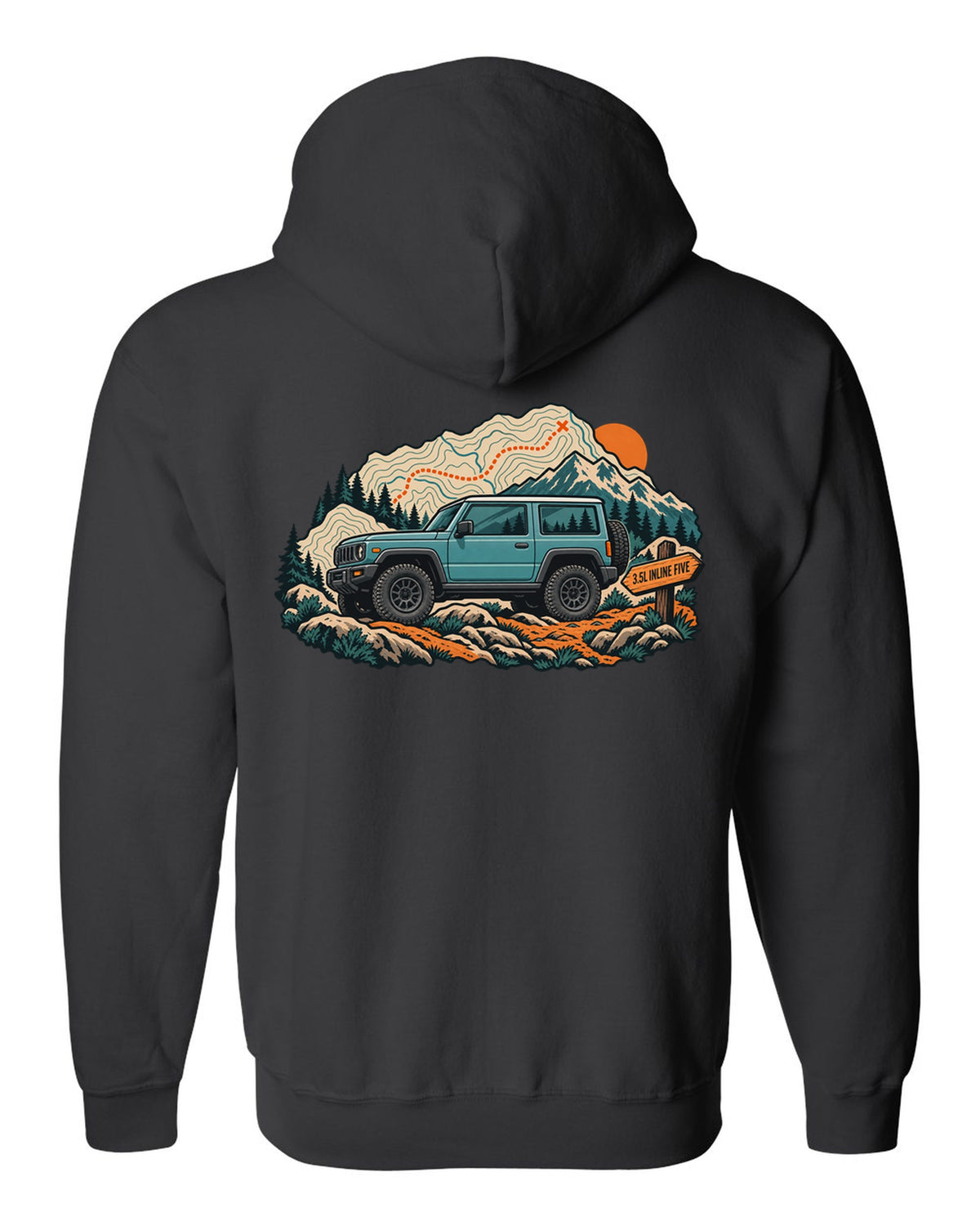 Topographic trail map print of a 2006-10 Hummer H3 with 3.5L inline five lettering black zip hoodie back view with the design