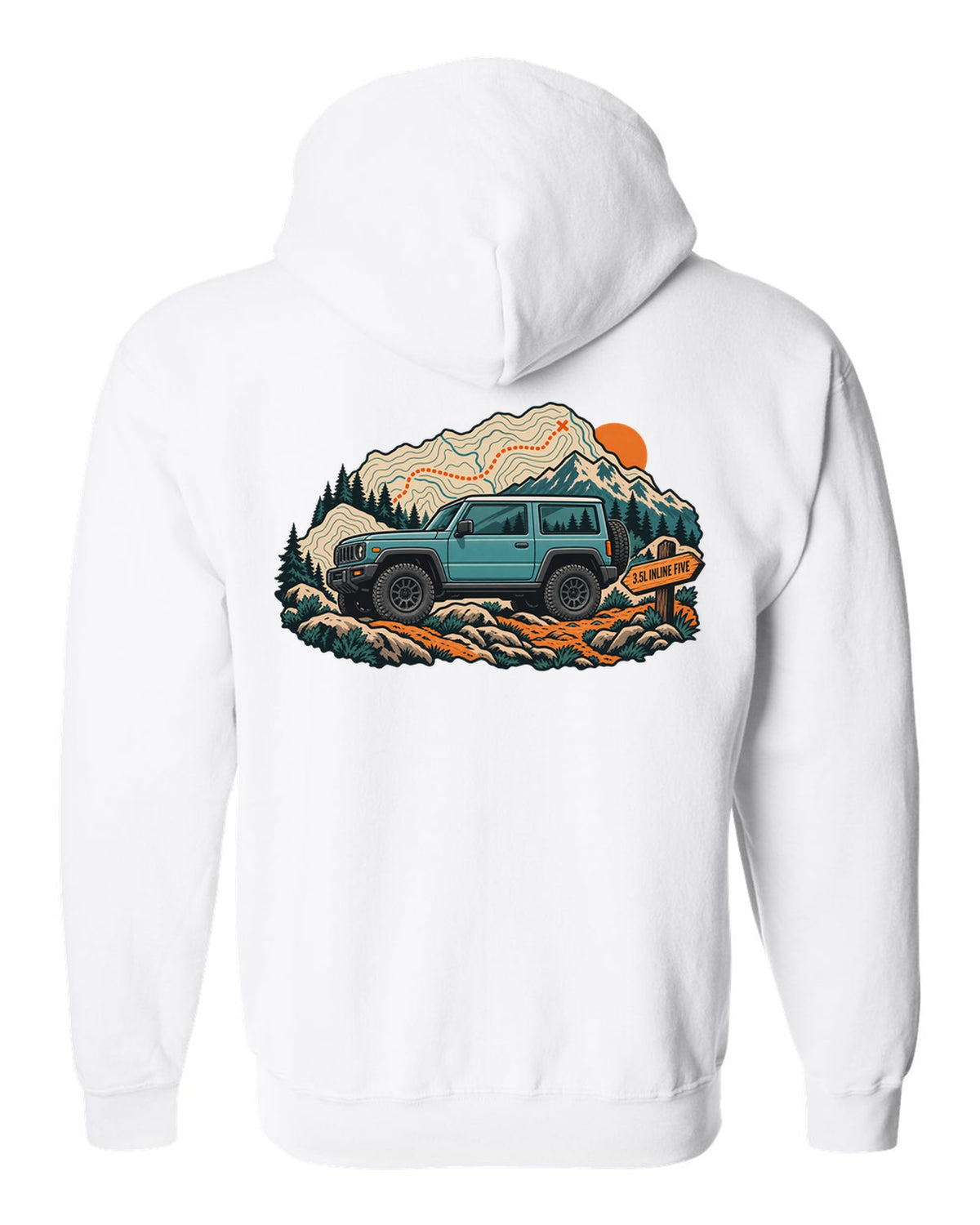 Topographic trail map print of a 2006-10 Hummer H3 with 3.5L inline five lettering white zip hoodie back view with the design