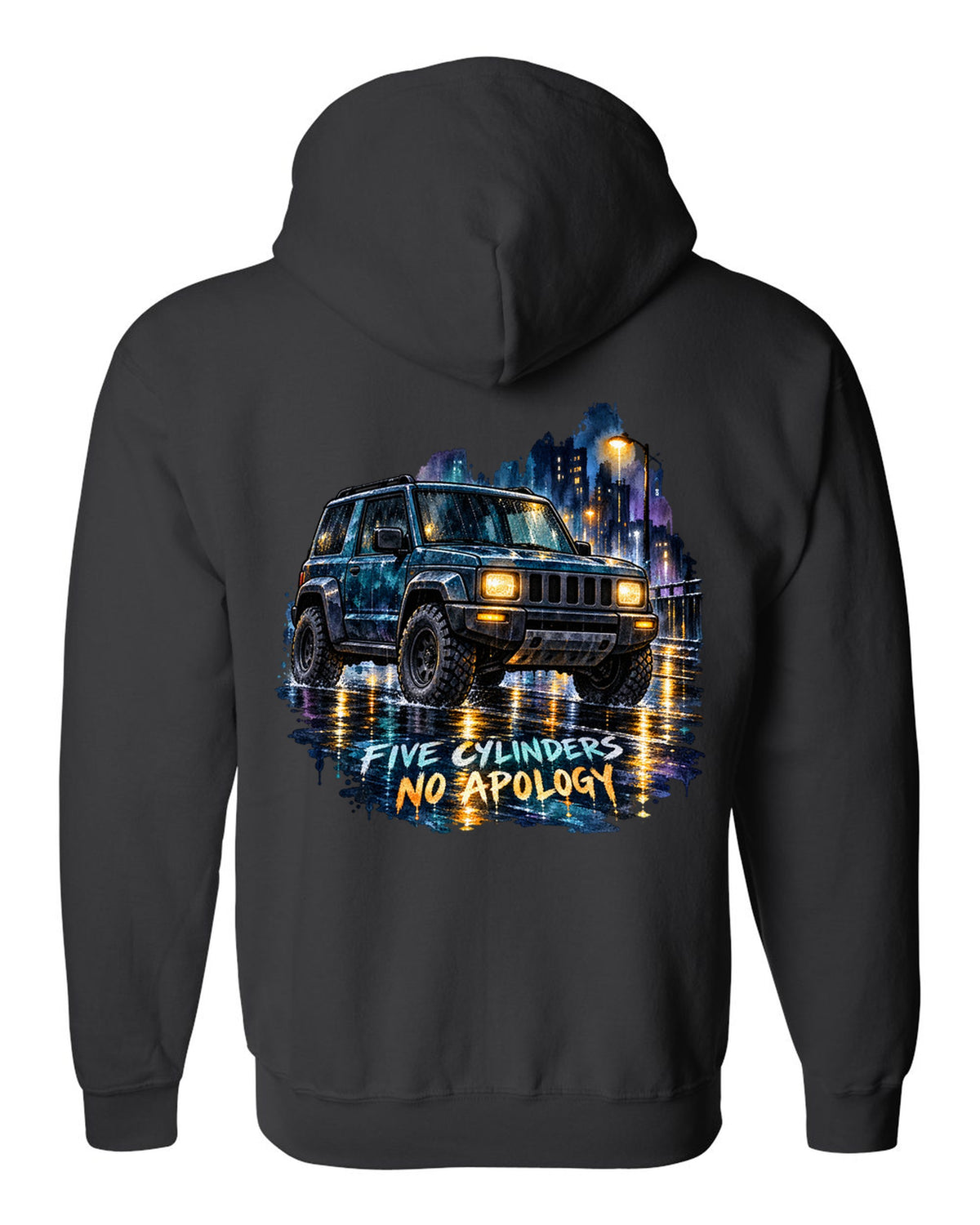 Watercolour wash wet street scene with a 2006-2010 Hummer H3 and FIVE CYLINDERS / NO APOLOGY text black zip hoodie back view with the design