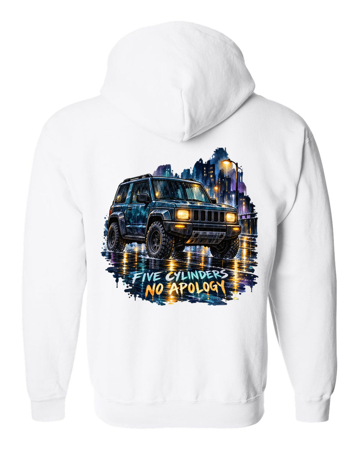 Watercolour wash wet street scene with a 2006-2010 Hummer H3 and FIVE CYLINDERS / NO APOLOGY text white zip hoodie back view with the design