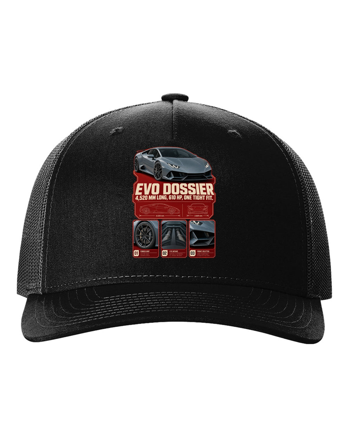 Dossier panel print of the Lamborghini Huracan EVO black hat front view with the design