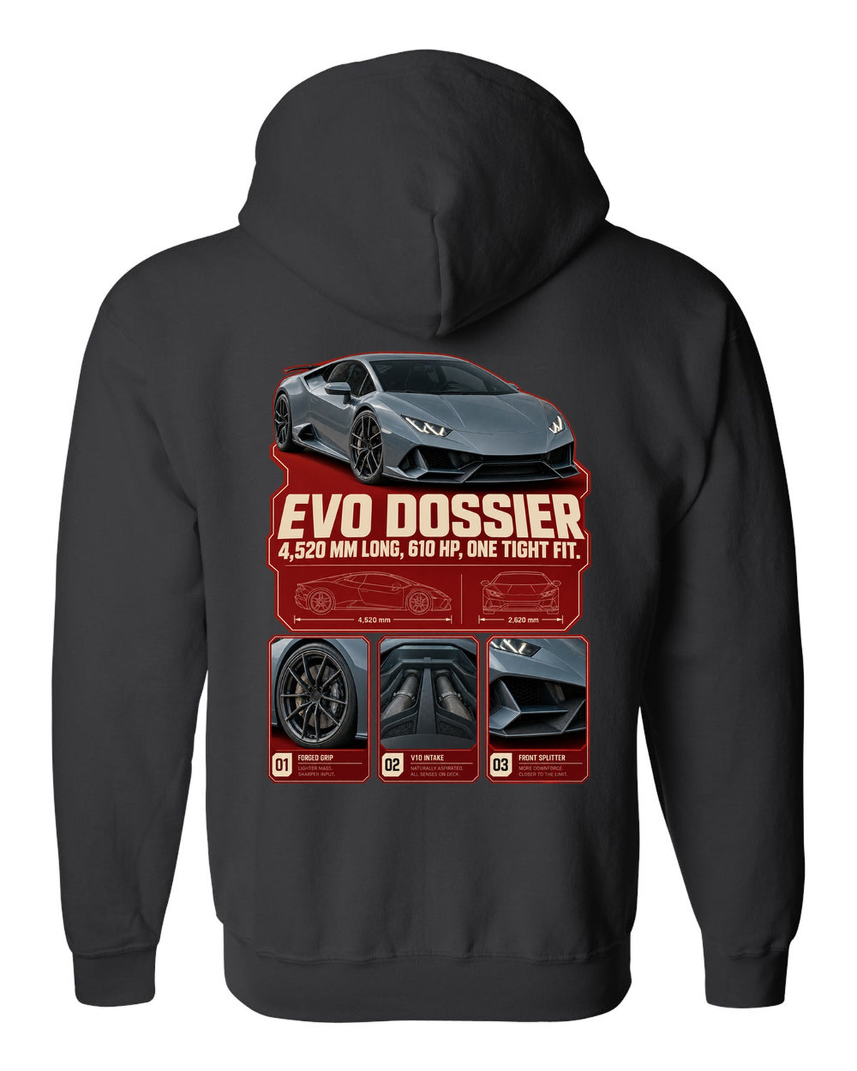 Dossier panel print of the Lamborghini Huracan EVO black zip hoodie back view with the design