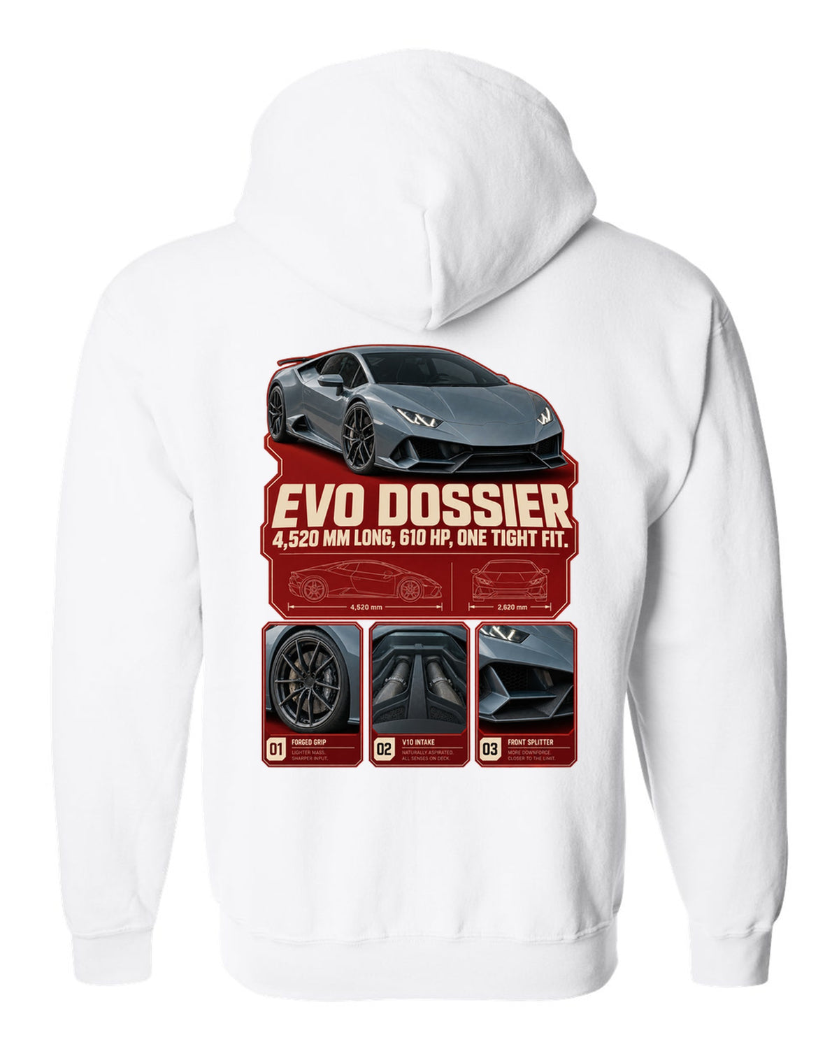 Dossier panel print of the Lamborghini Huracan EVO white zip hoodie back view with the design