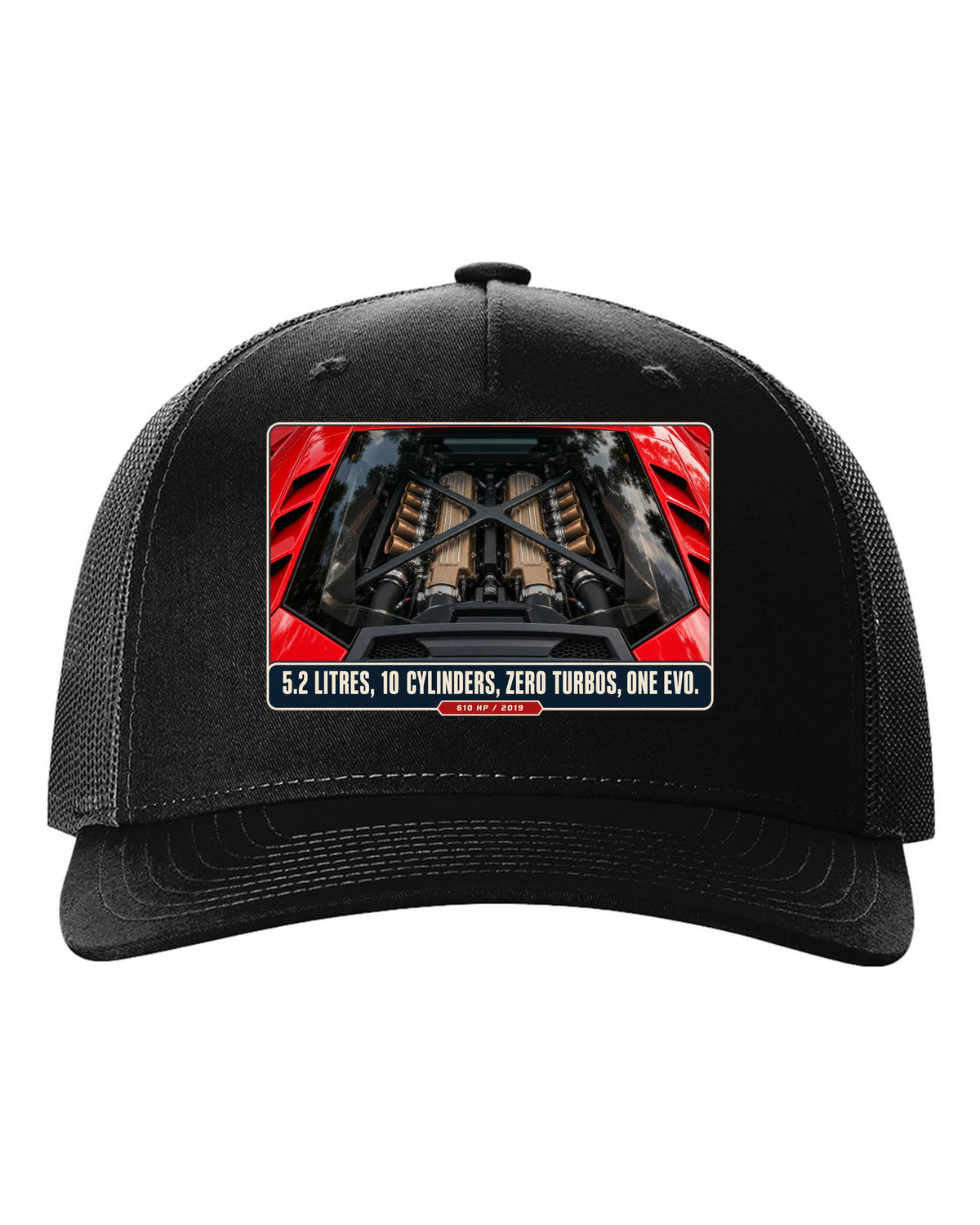 Engine hero print of the Lamborghini Huracan EVO V10 black hat front view with the design