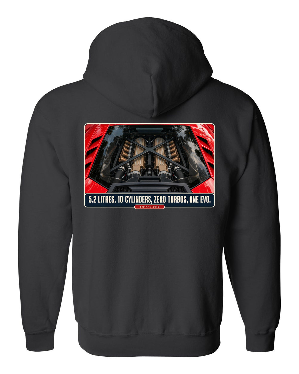 Engine hero print of the Lamborghini Huracan EVO V10 black zip hoodie back view with the design