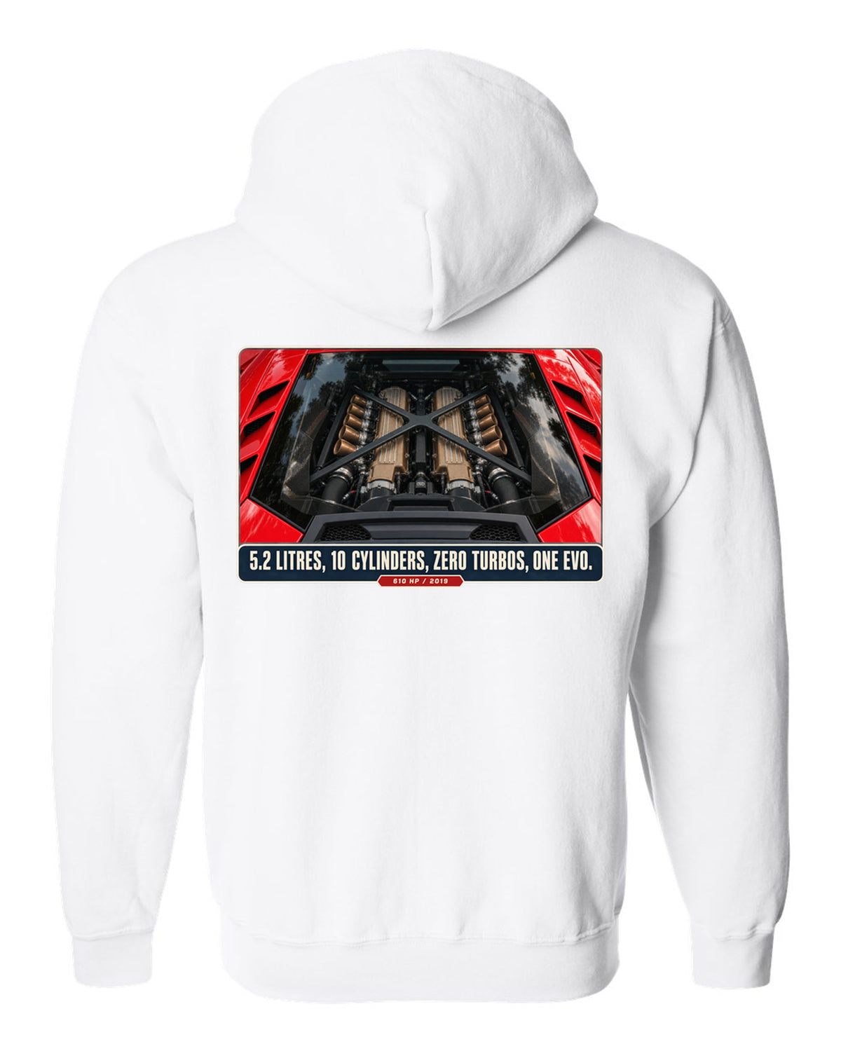 Engine hero print of the Lamborghini Huracan EVO V10 white zip hoodie back view with the design