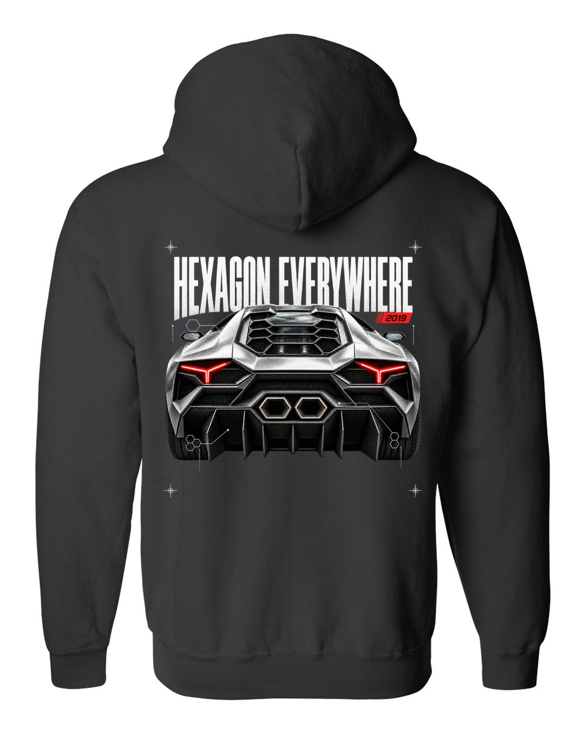 Detail macro print of a Lamborghini Huracan Evo LP640-4 with Hexagon Everywhere text black zip hoodie back view with the design