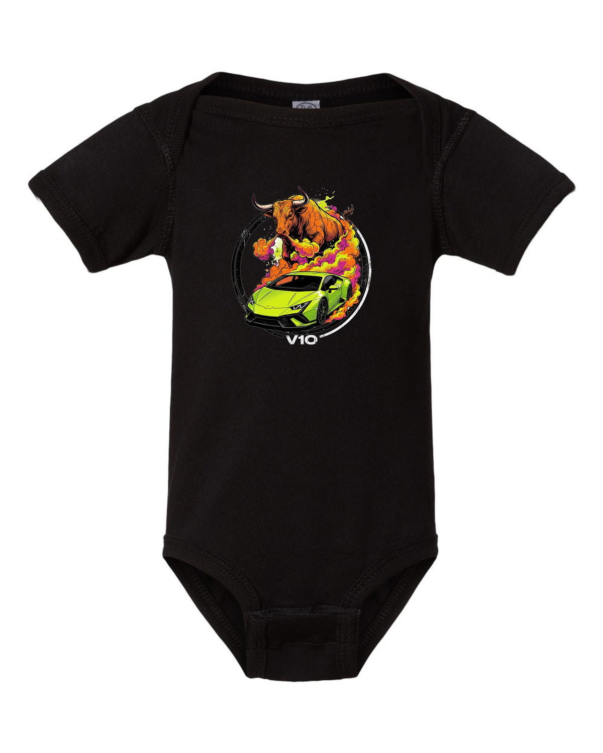 Lamborghini Huracan Bull black baby onesie front view with the design