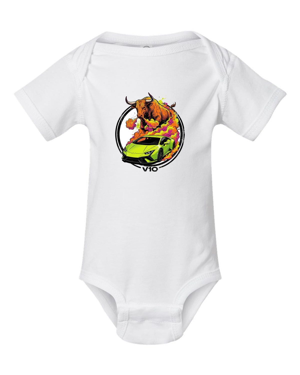 Lamborghini Huracan Bull white baby onesie front view with the design