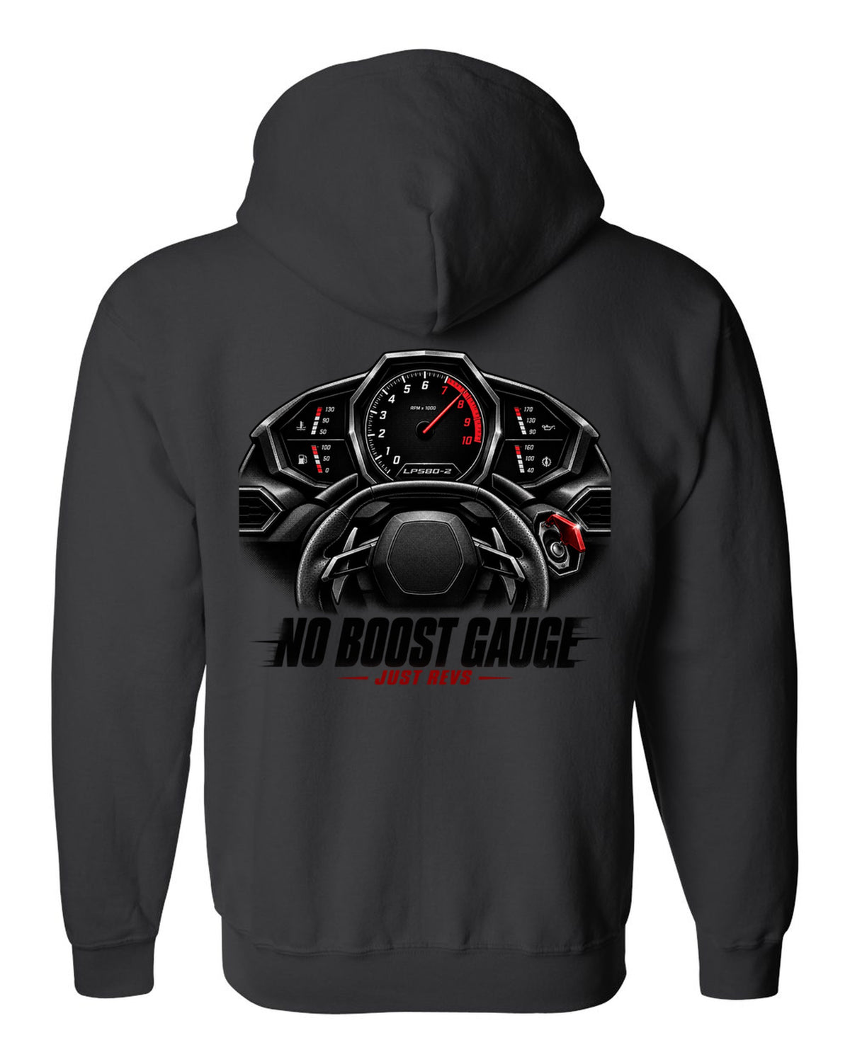 Cockpit gauge print of a Lamborghini Huracan LP580-2 with No Boost Gauge, Just Revs text black zip hoodie back view with the design