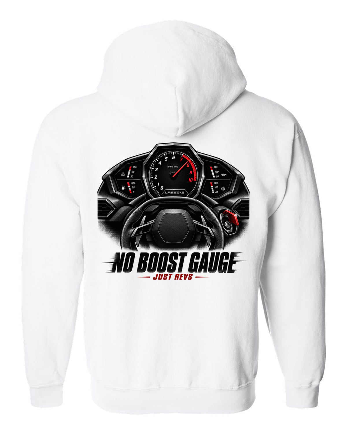 Cockpit gauge print of a Lamborghini Huracan LP580-2 with No Boost Gauge, Just Revs text white zip hoodie back view with the design
