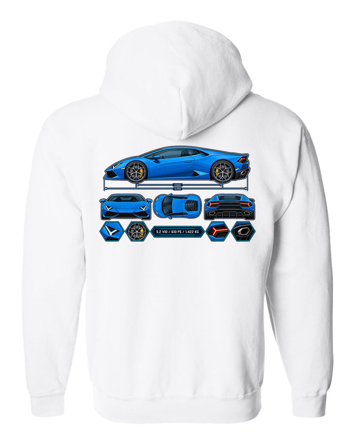 Colour technical blueprint of a Lamborghini Huracan LP610-4 with text 5.2 V10 / 610 PS / 1,422 KG white zip hoodie back view with the design