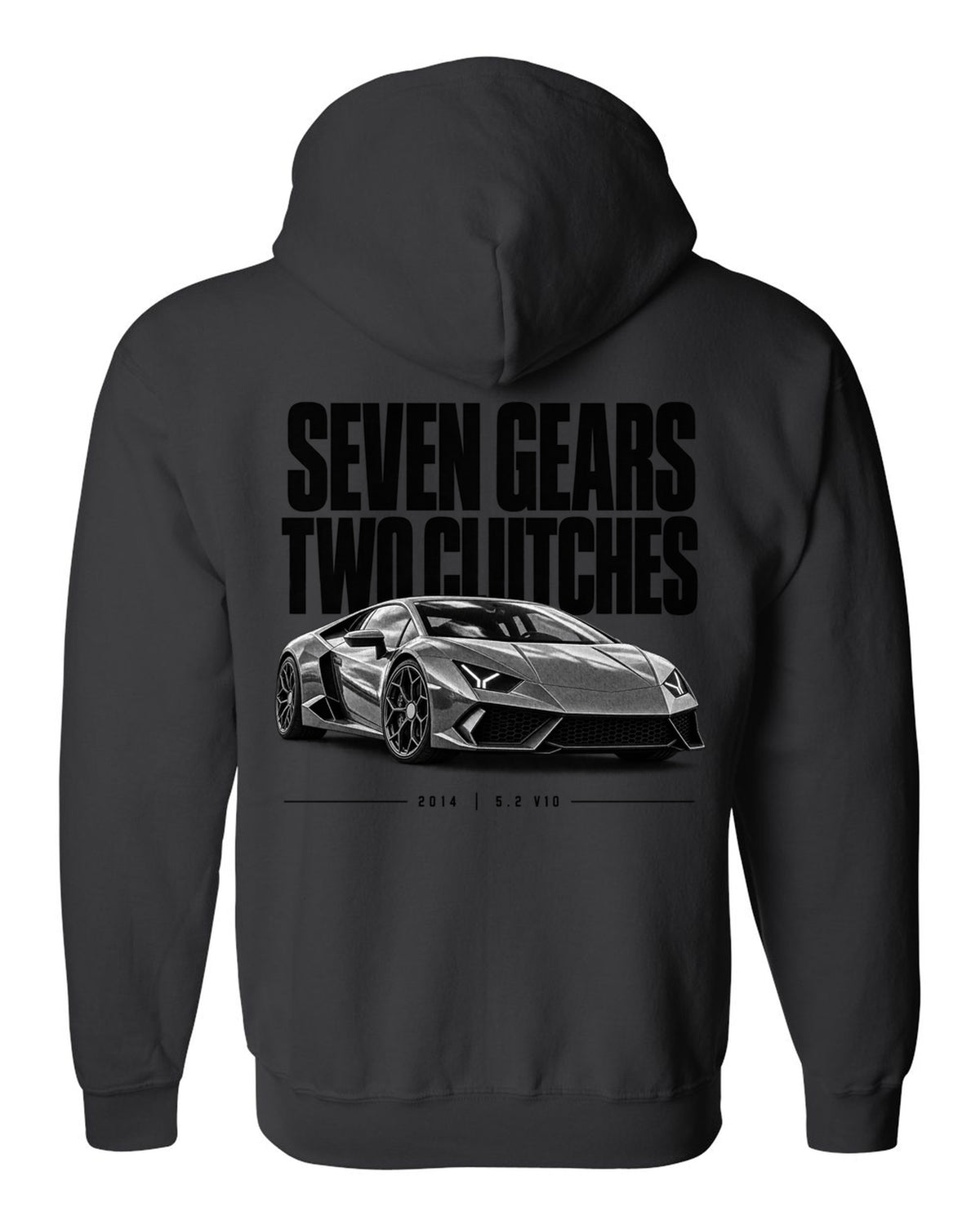Halftone statement print of a Lamborghini Huracan LP610-4 with Seven Gears, Two Clutches text black zip hoodie back view with the design