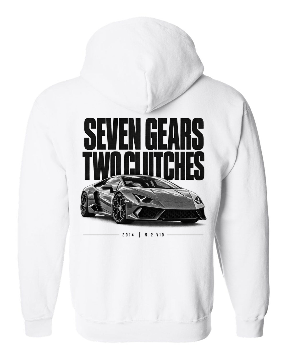Halftone statement print of a Lamborghini Huracan LP610-4 with Seven Gears, Two Clutches text white zip hoodie back view with the design
