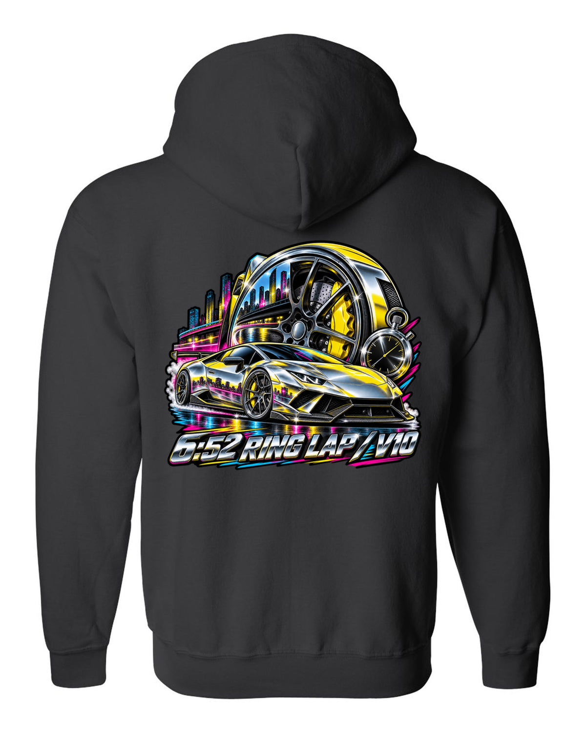 80s airbrush chrome Lamborghini Huracan Performante LP640-4 wheel and caliper with text 6:52 RING LAP / V10 black zip hoodie back view with the design