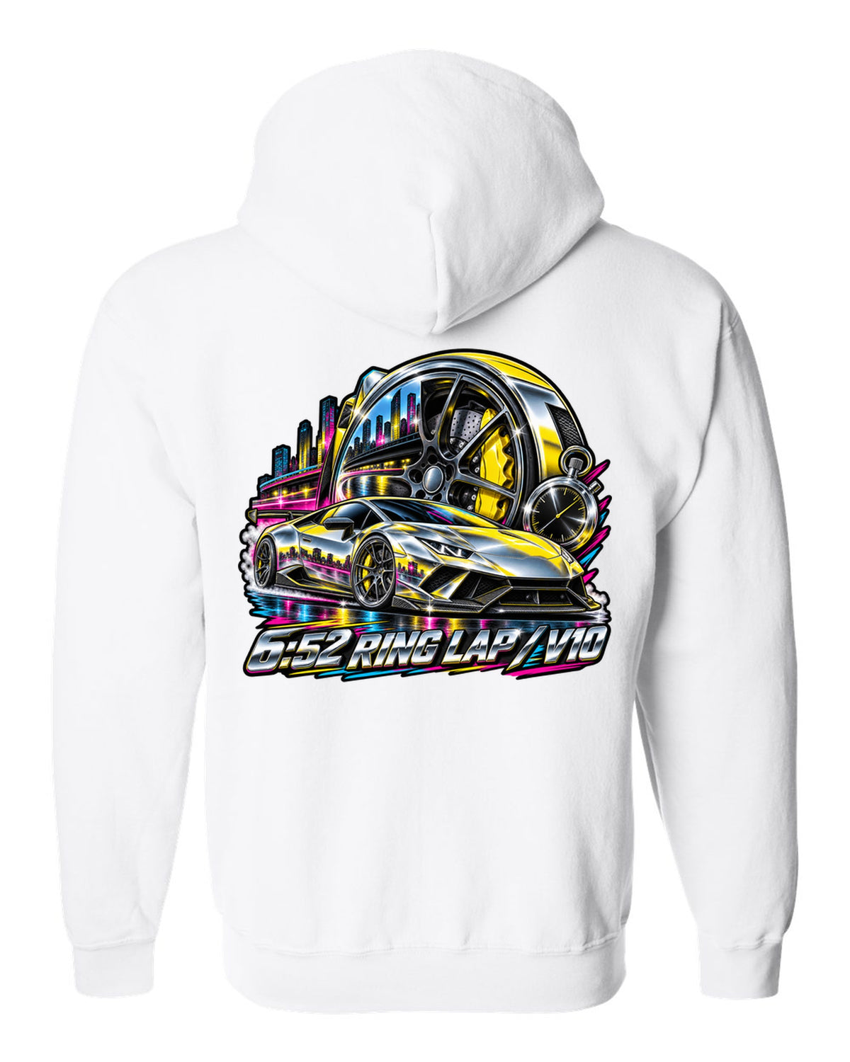 80s airbrush chrome Lamborghini Huracan Performante LP640-4 wheel and caliper with text 6:52 RING LAP / V10 white zip hoodie back view with the design