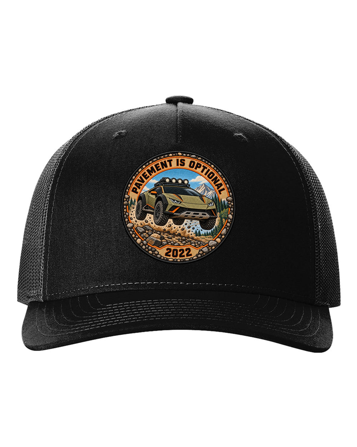 Embroidery-style round crest of a Lamborghini Huracan Sterrato LP610-4 with text PAVEMENT IS OPTIONAL / 2022 black hat front view with the design