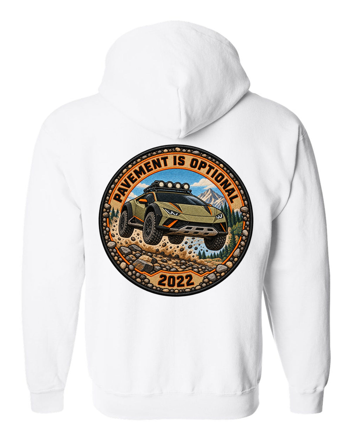 Embroidery-style round crest of a Lamborghini Huracan Sterrato LP610-4 with text PAVEMENT IS OPTIONAL / 2022 white zip hoodie back view with the design