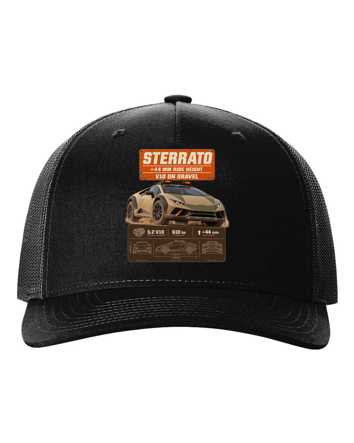 Spec poster print of the Lamborghini Huracan Sterrato black hat front view with the design