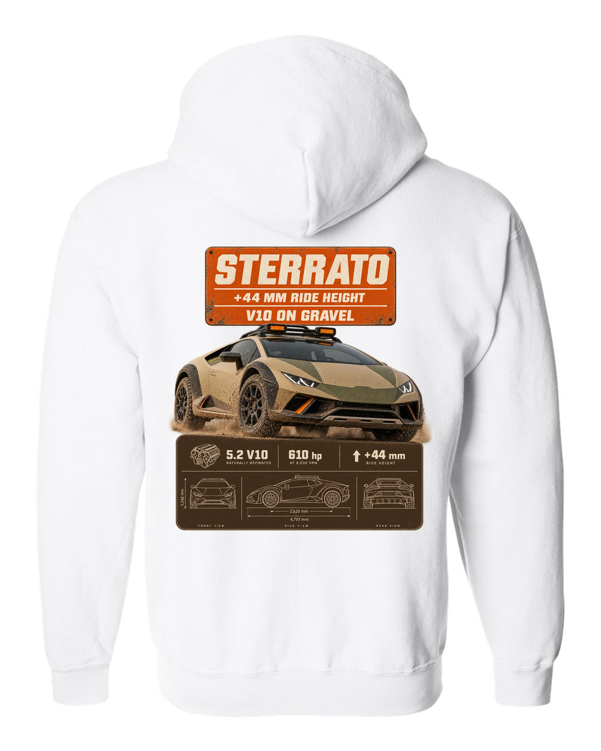 Spec poster print of the Lamborghini Huracan Sterrato white zip hoodie back view with the design
