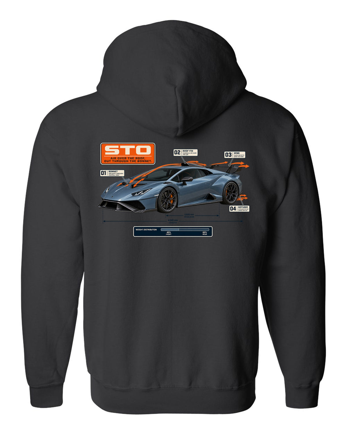 Aero callout print of the Lamborghini Huracan STO showing airflow black zip hoodie back view with the design