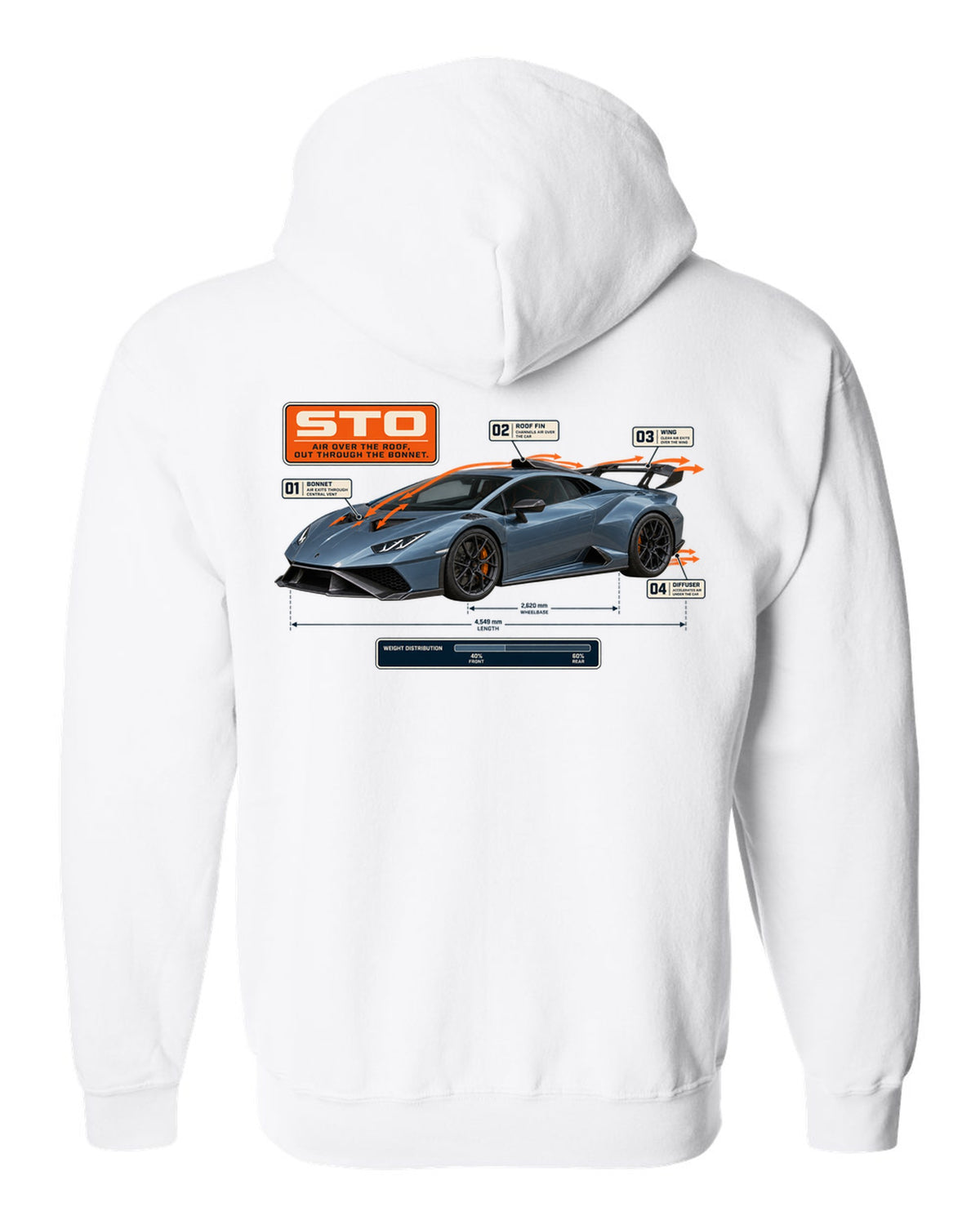 Aero callout print of the Lamborghini Huracan STO showing airflow white zip hoodie back view with the design