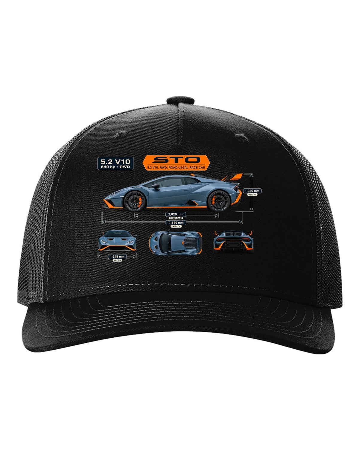 Dimension blueprint print of the Lamborghini Huracan STO black hat front view with the design