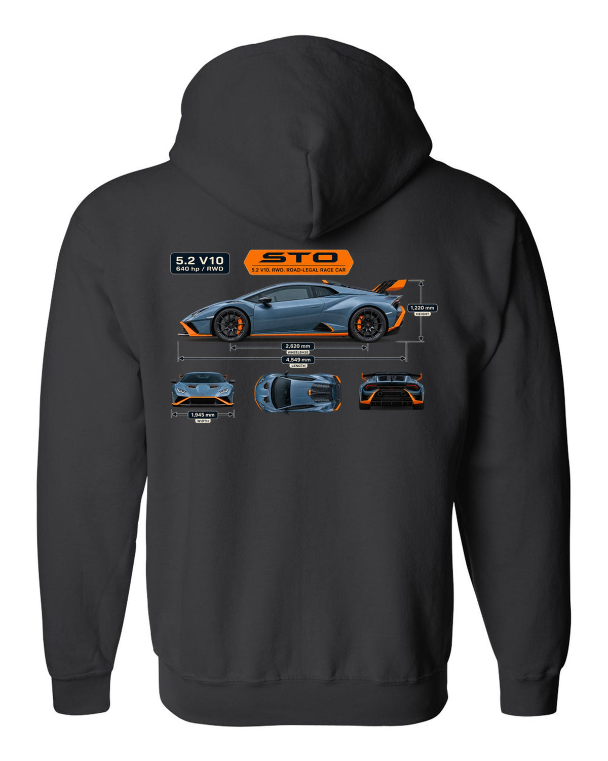 Dimension blueprint print of the Lamborghini Huracan STO black zip hoodie back view with the design