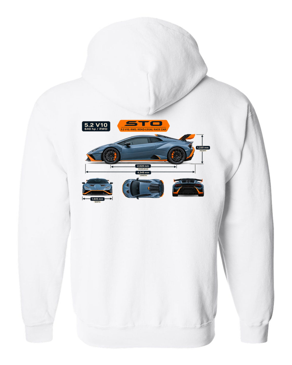 Dimension blueprint print of the Lamborghini Huracan STO white zip hoodie back view with the design