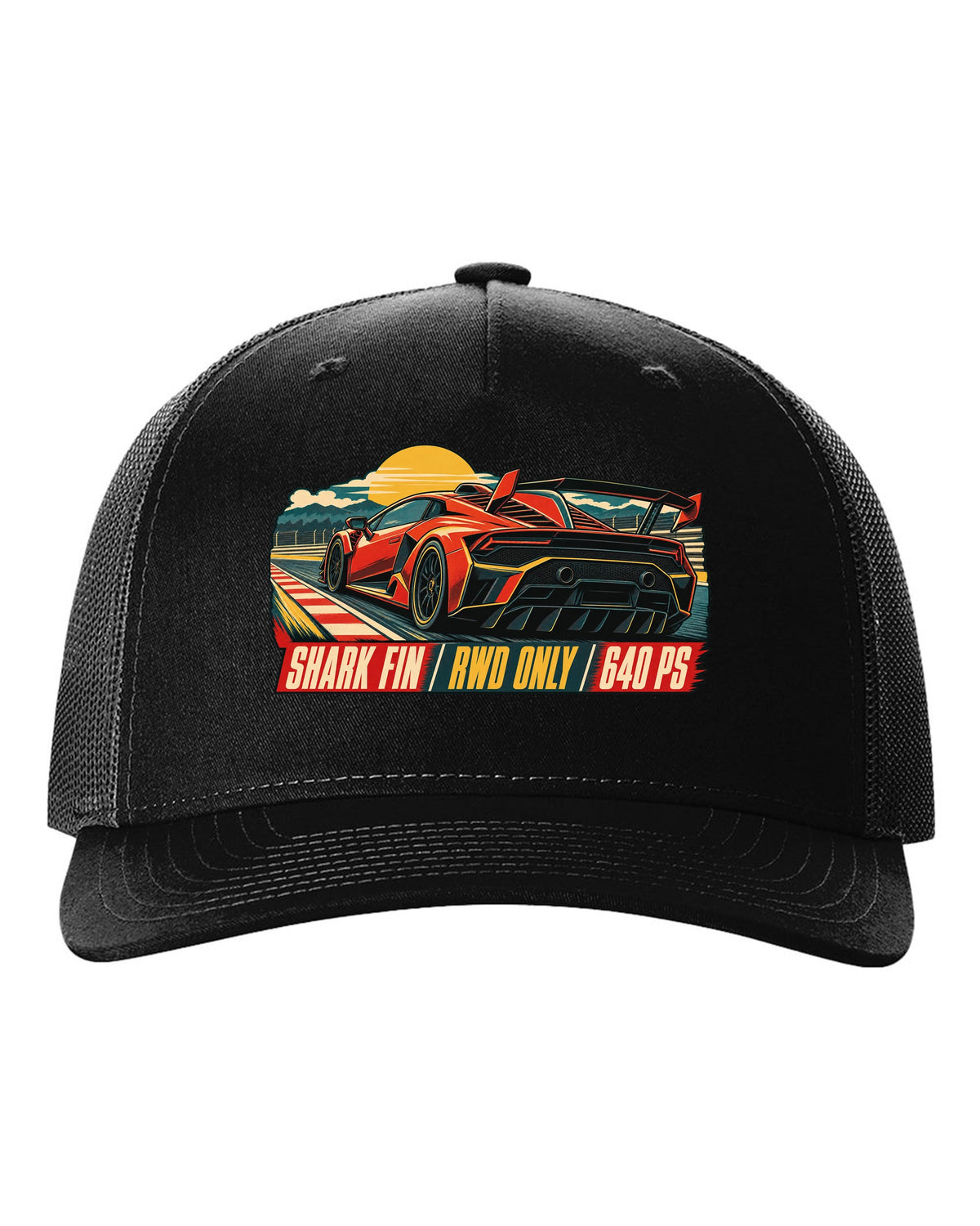 Vintage 1960s lithograph race poster of a Lamborghini Huracan STO LP640-2 with shark fin text black hat front view with the design