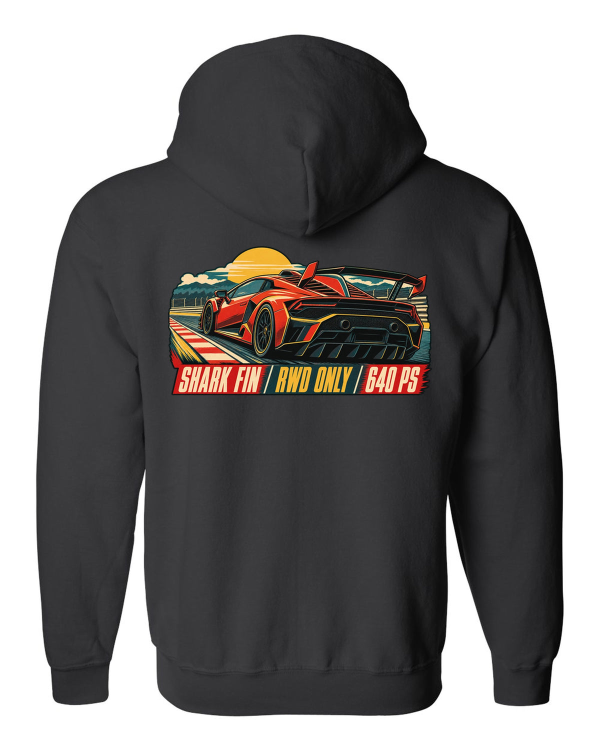 Vintage 1960s lithograph race poster of a Lamborghini Huracan STO LP640-2 with shark fin text black zip hoodie back view with the design