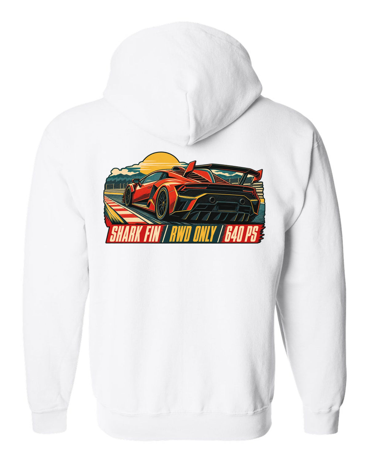 Vintage 1960s lithograph race poster of a Lamborghini Huracan STO LP640-2 with shark fin text white zip hoodie back view with the design