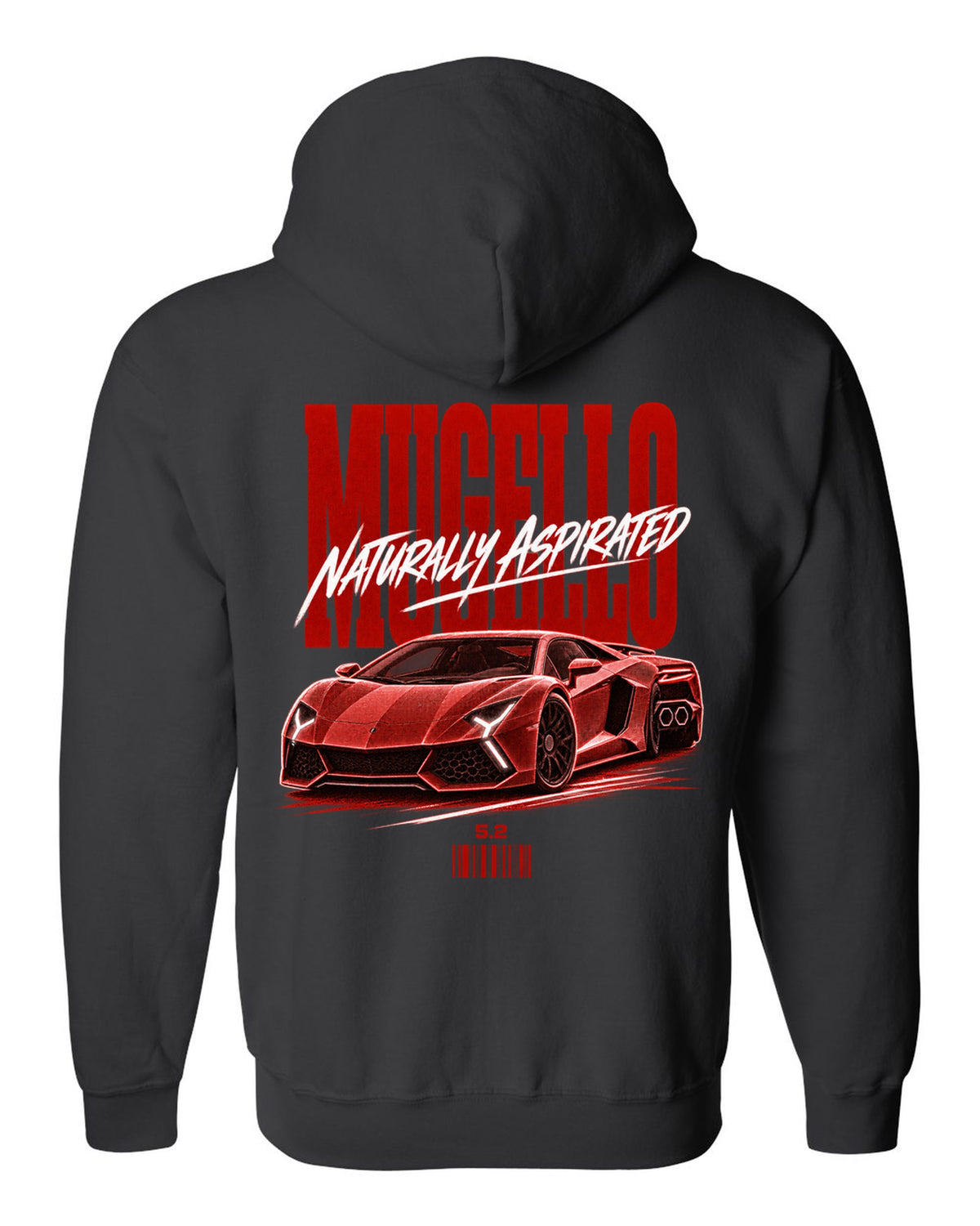 Street poster print of a Lamborghini Huracan Tecnica LP640-2 with Mugello and Naturally Aspirated text black zip hoodie back view with the design