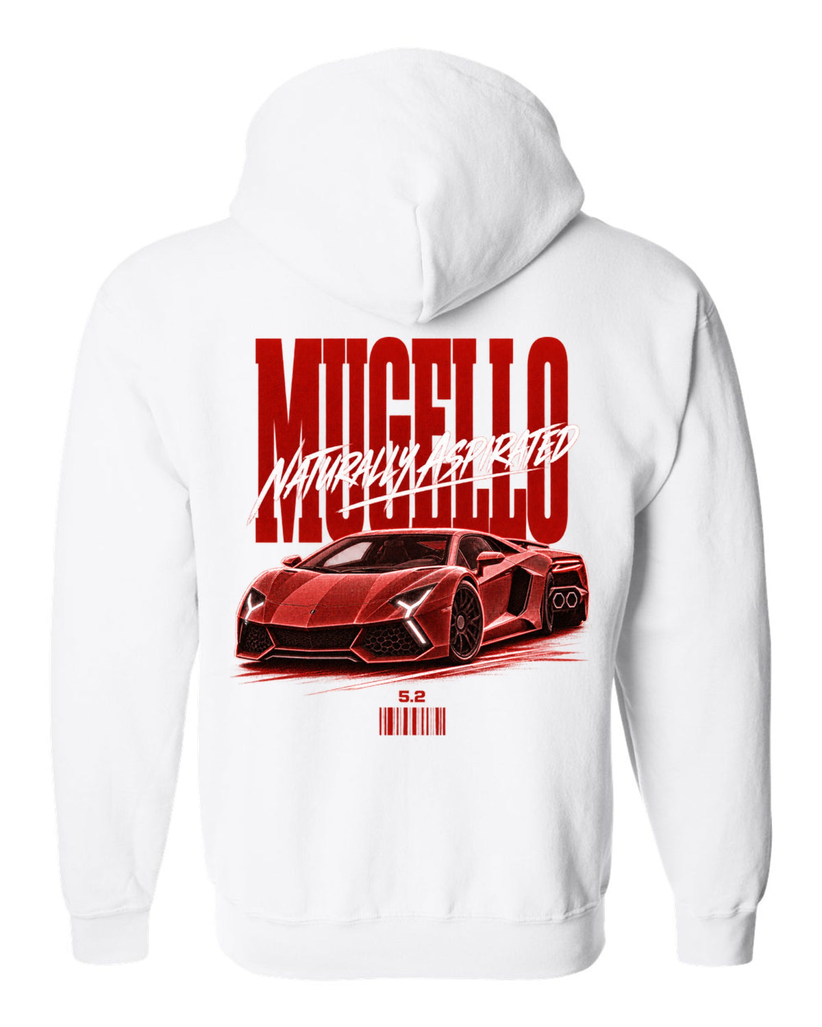Street poster print of a Lamborghini Huracan Tecnica LP640-2 with Mugello and Naturally Aspirated text white zip hoodie back view with the design