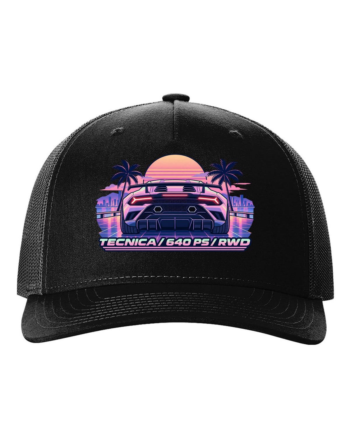 Vaporwave pastel taillight grid of a Lamborghini Huracan Tecnica LP640-2 with text TECNICA / 640 PS / RWD black hat front view with the design
