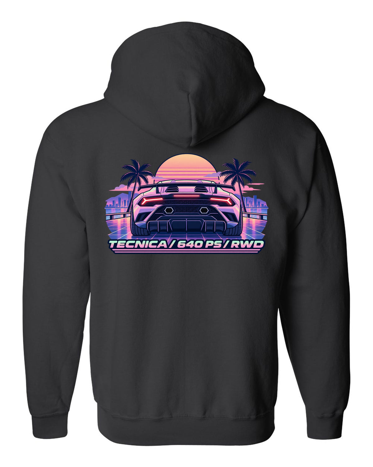 Vaporwave pastel taillight grid of a Lamborghini Huracan Tecnica LP640-2 with text TECNICA / 640 PS / RWD black zip hoodie back view with the design