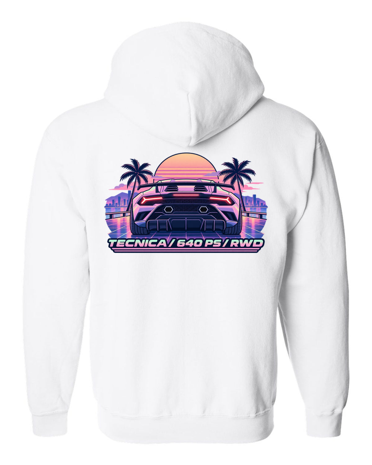 Vaporwave pastel taillight grid of a Lamborghini Huracan Tecnica LP640-2 with text TECNICA / 640 PS / RWD white zip hoodie back view with the design