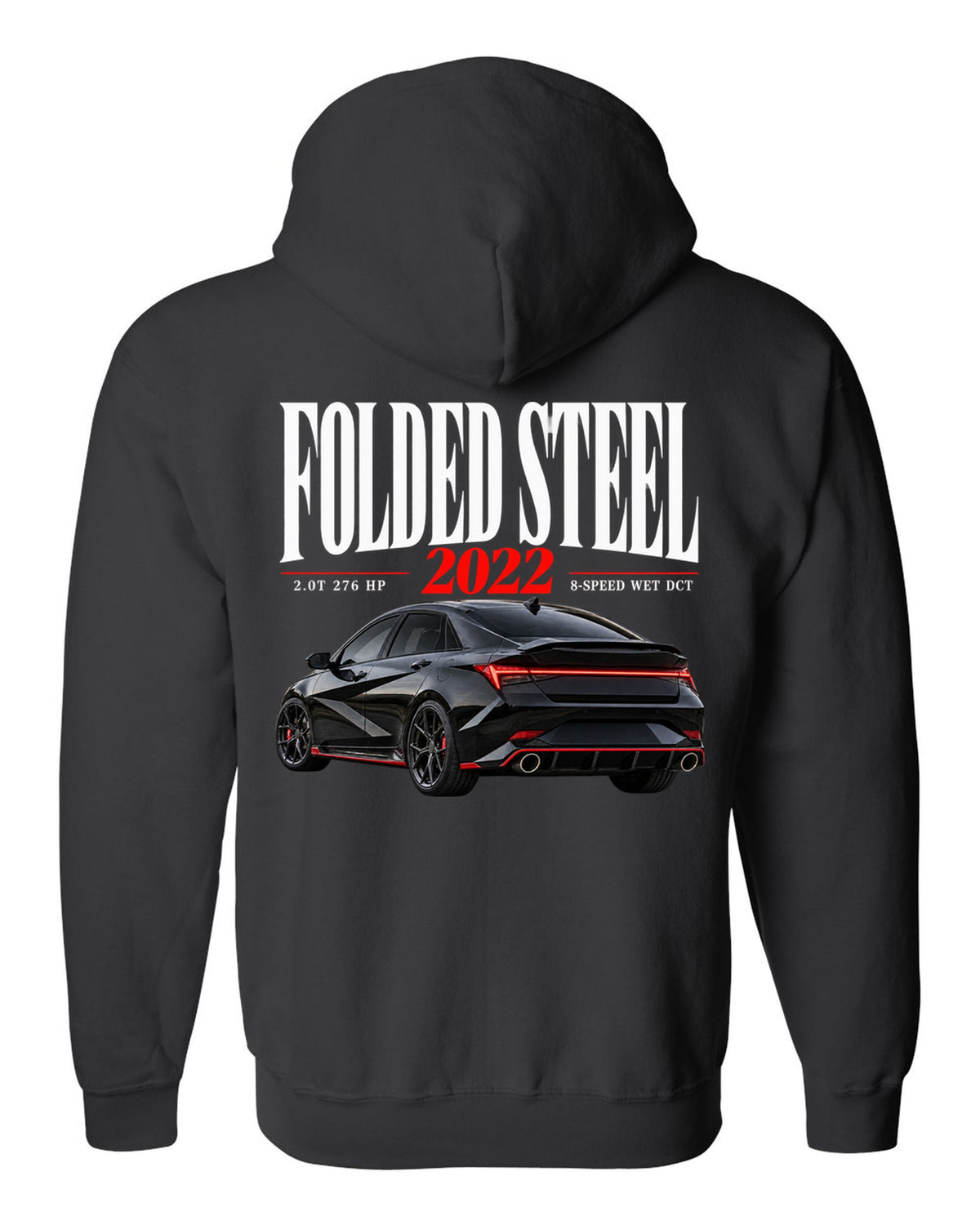 Hyundai Elantra N CN7 editorial headline design with folded steel light bar black zip hoodie back view with the design