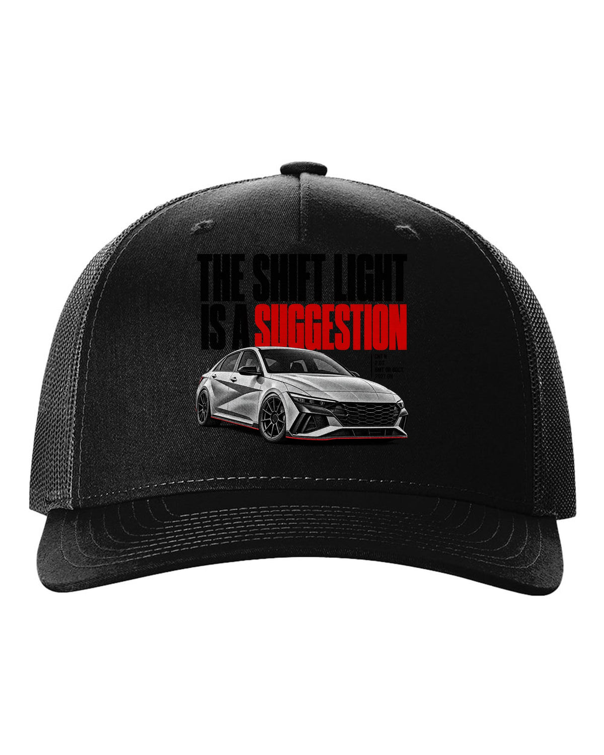 Halftone Hyundai Elantra N CN7 with the shift light is a suggestion text black hat front view with the design