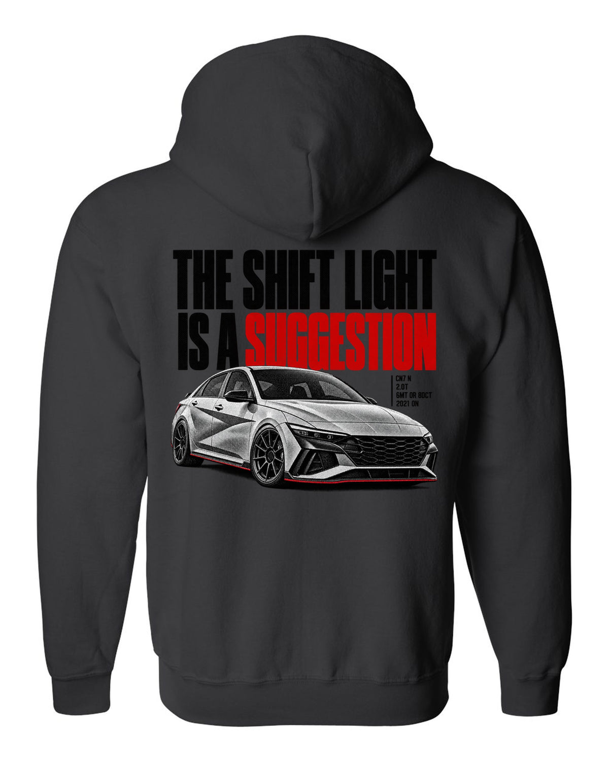 Halftone Hyundai Elantra N CN7 with the shift light is a suggestion text black zip hoodie back view with the design