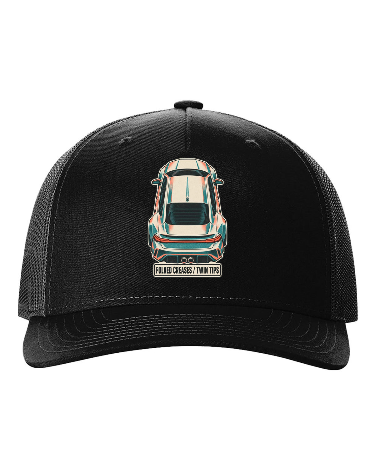 Risograph duotone top-down print of a Hyundai Elantra N CN7 with folded creases and twin tips text black hat front view with the design