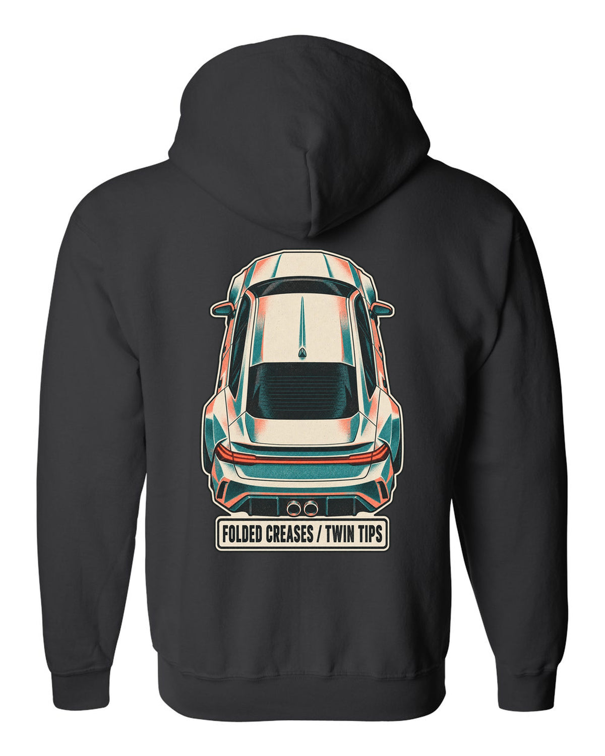 Risograph duotone top-down print of a Hyundai Elantra N CN7 with folded creases and twin tips text black zip hoodie back view with the design