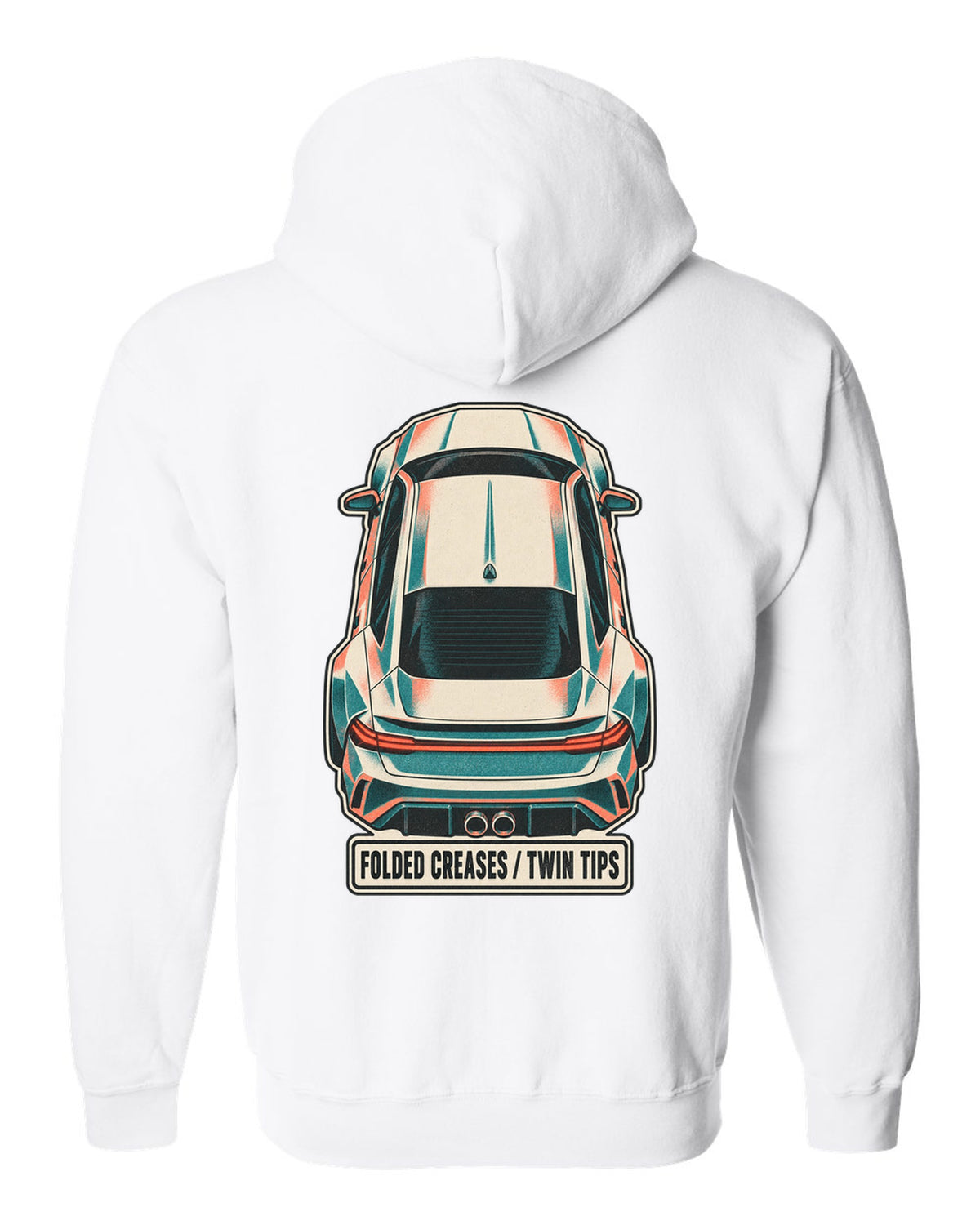 Risograph duotone top-down print of a Hyundai Elantra N CN7 with folded creases and twin tips text white zip hoodie back view with the design