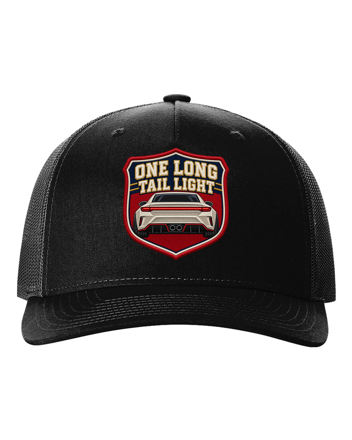 Embroidery varsity crest print of a Hyundai Elantra N CN7 rear with one long tail light text black hat front view with the design