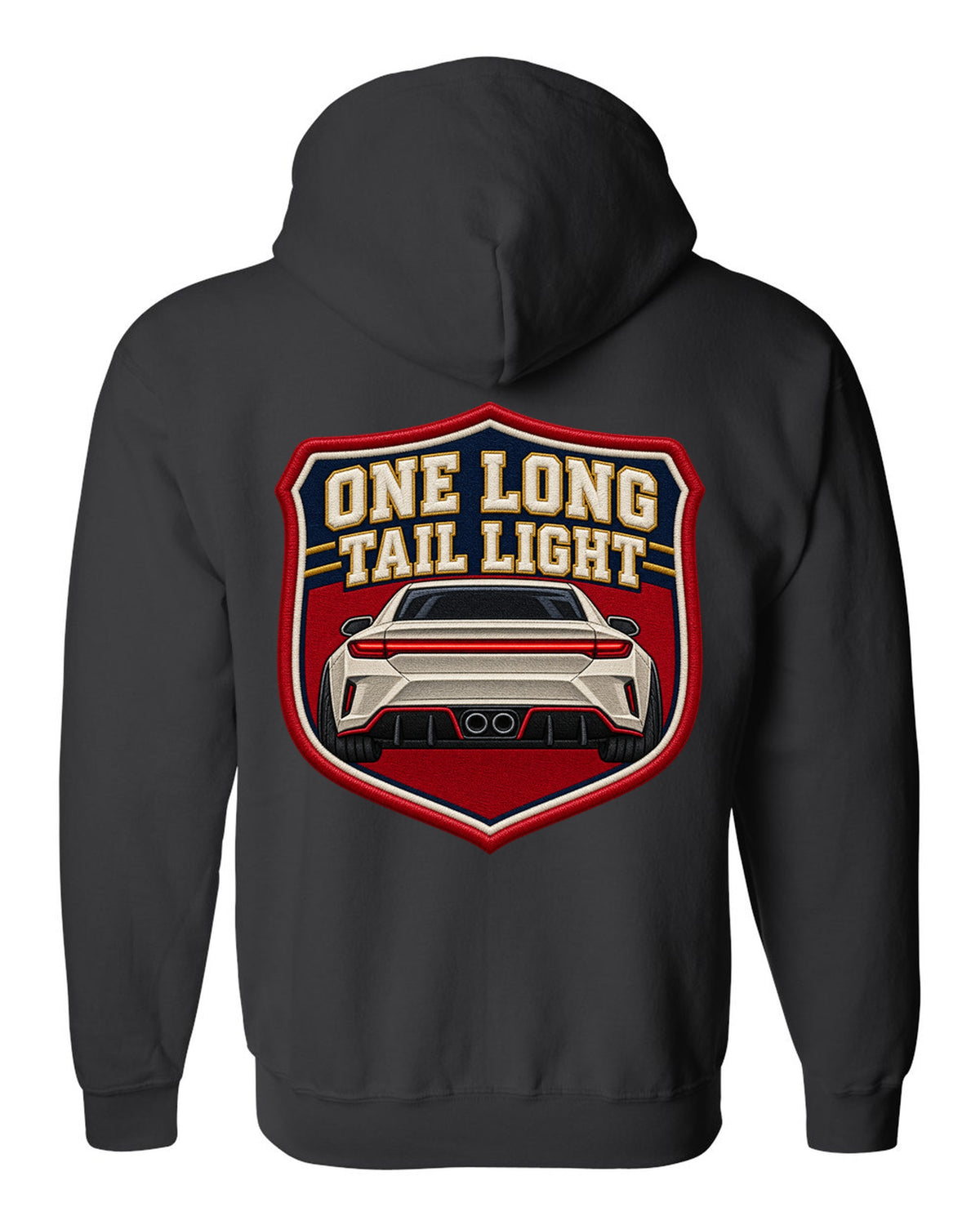 Embroidery varsity crest print of a Hyundai Elantra N CN7 rear with one long tail light text black zip hoodie back view with the design