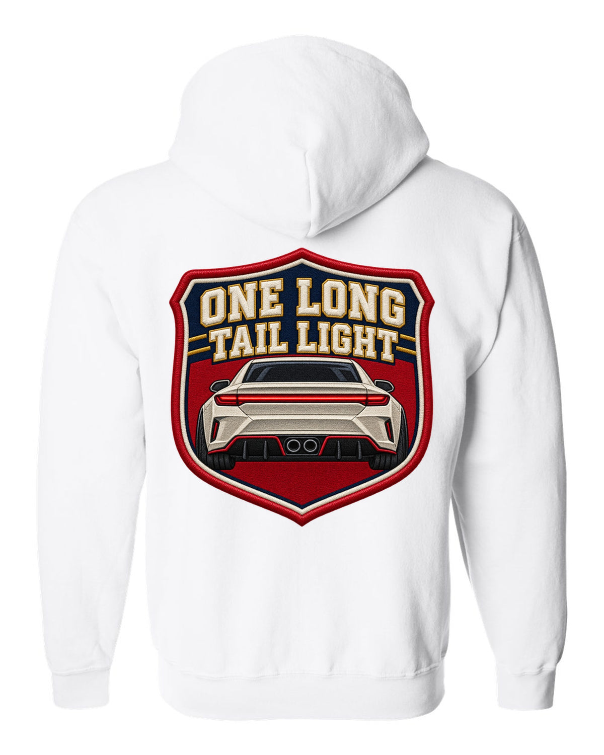 Embroidery varsity crest print of a Hyundai Elantra N CN7 rear with one long tail light text white zip hoodie back view with the design