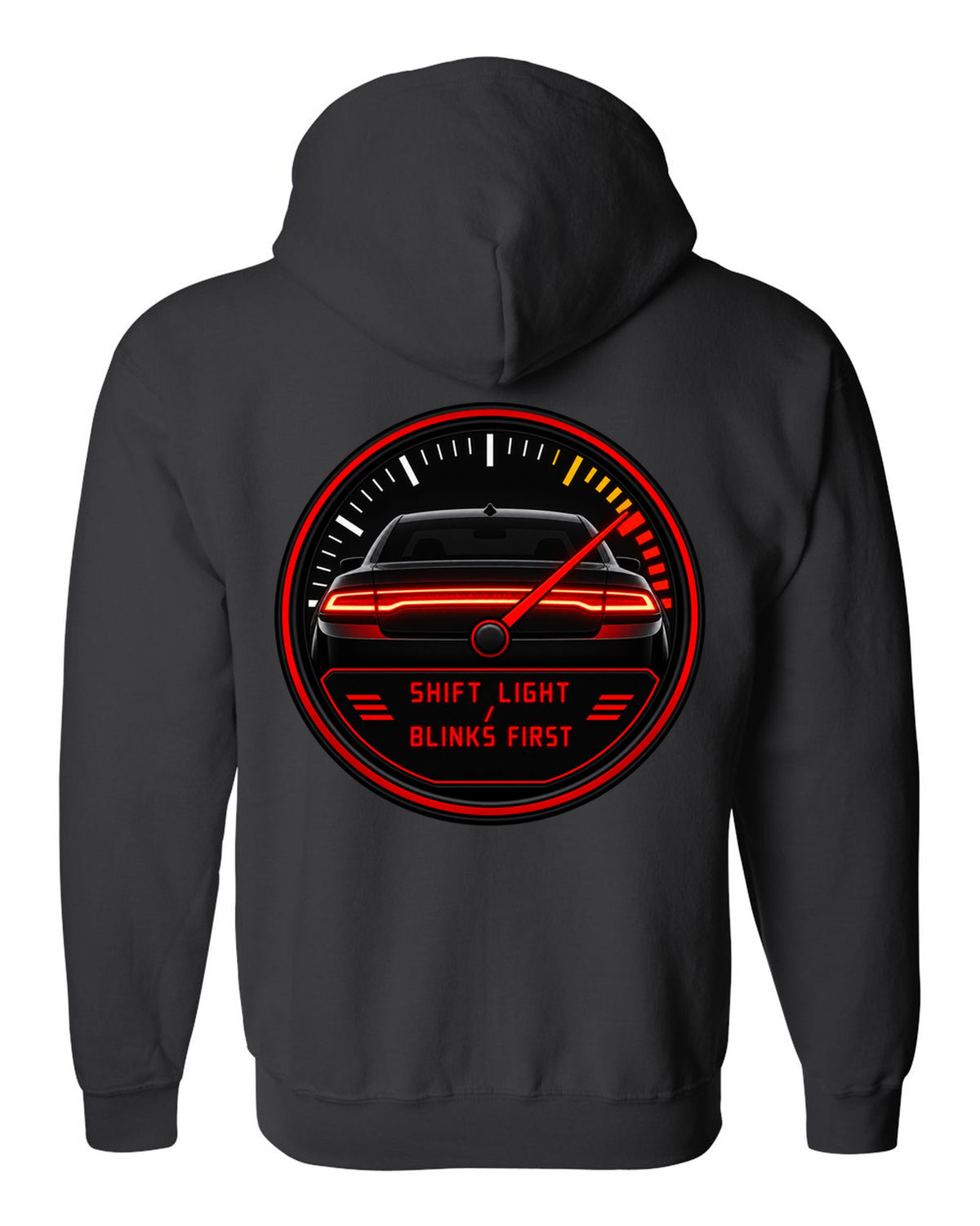 Hyundai Elantra N CN7 gauge-cluster HUD print with shift light blinks first text black zip hoodie back view with the design