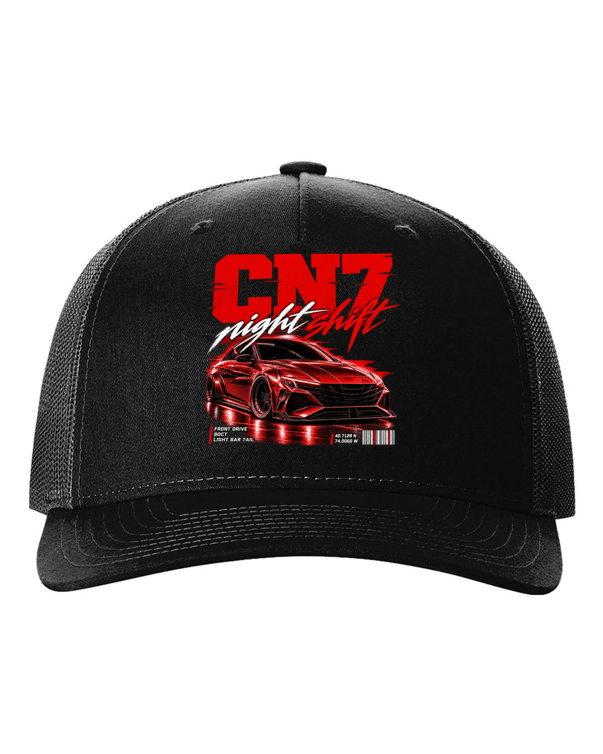 Hyundai Elantra N CN7 street poster print with night shift text and coordinates black hat front view with the design